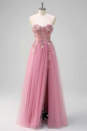 Taro Purple A-ligne Sans bretelles 3D Fleur Corset Robe de Soirée Longue avec Fente